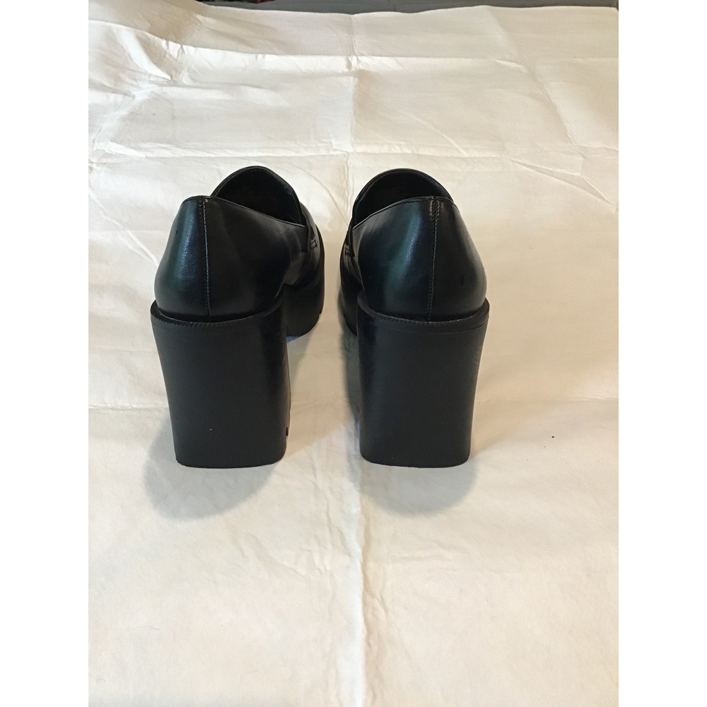 JF Black Leather Chunky Platform Y2K Lug Sole Penny Loafer Heels - Picture 5 of 6